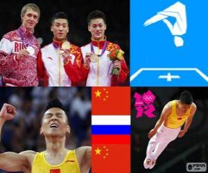 yapboz Erkekler trambolin, podyum jimnastik Dong Dong (Çin), Dmitry Ushakov (Rusya) ve Lu Chunlong (Çin) - Londra 2012 -